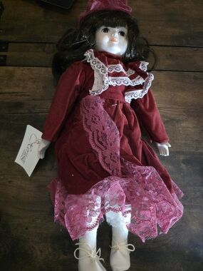 Heritage Burgundy and Pink Lace Porcelain-Style Doll